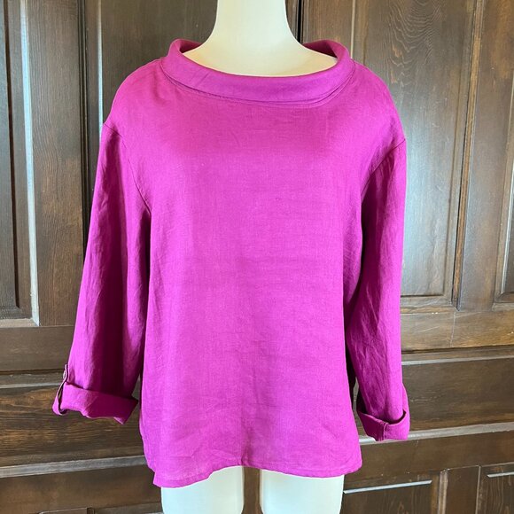 Lintico Hollis Linen Top Size XL Roll Tab Sleeves Cowl Neck Solid Berry Pink - Picture 1 of 15